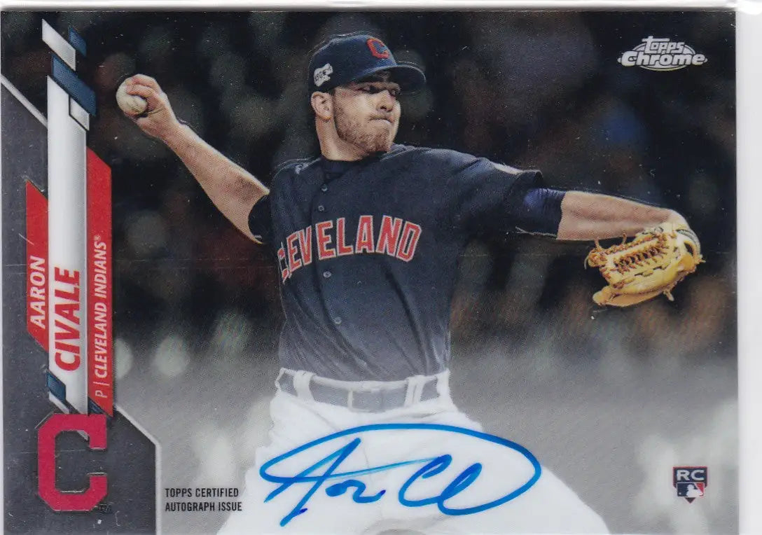 2020 Topps Chrome Aaron Civale RC Auto Cleveland Guardians baseball card with blue autograph