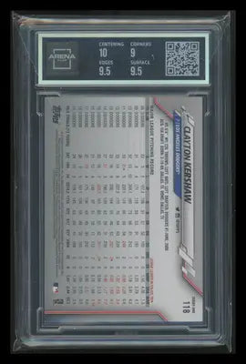 Graded Clayton Kershaw baseball card from 2020 Topps Clayton Kershaw #118 Baseball Arena Club