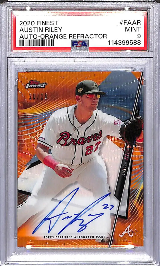 Graded Austin Riley autographed baseball card from 2020 Topps Finest Orange series featuring Atlanta Braves