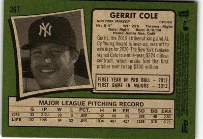Gerrit Cole baseball card from 2020 Topps Heritage series featuring York Yankees pitcher