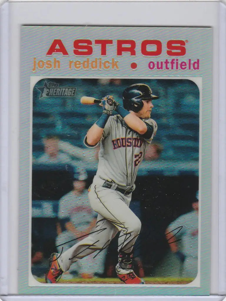 Baseball card of Josh Reddick Houston Astros in batting stance Topps Heritage Chrome