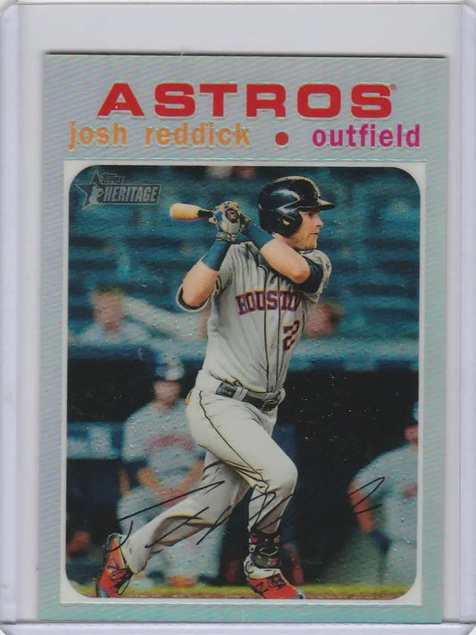 Baseball card of Josh Reddick Houston Astros in batting stance Topps Heritage Chrome