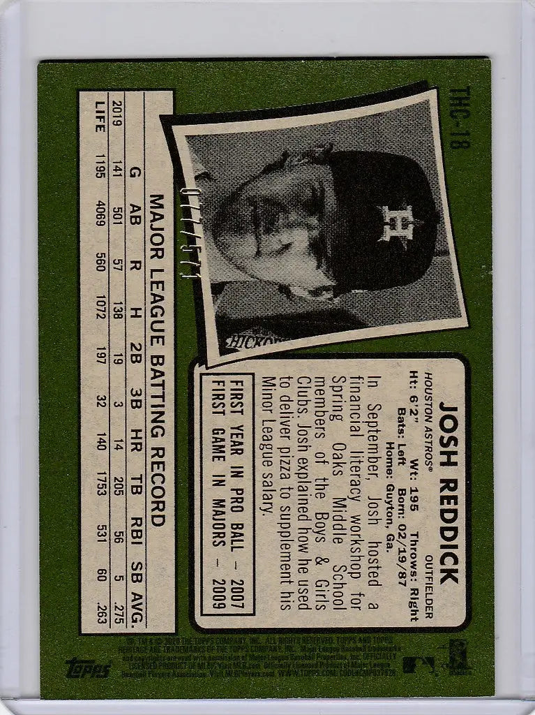 Baseball card of Josh Reddick from Topps Heritage Chrome with player stats and green border