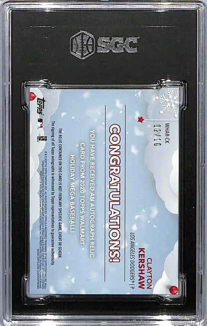 SGC 10 Gem graded Clayton Kershaw card in protective case with congratulations message