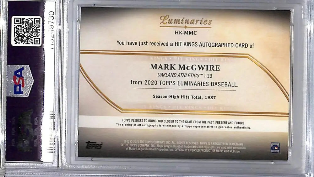 Authentic Mark McGwire autographed baseball card from 2020 Topps Luminaries Hit Kings series