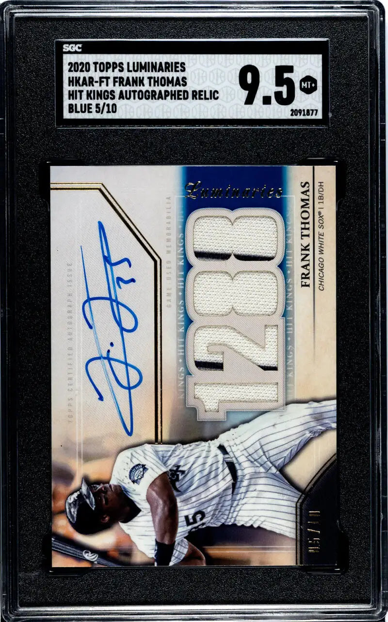 Graded baseball card of Frank Thomas with Yankees player jersey patch, mem auto 5/10