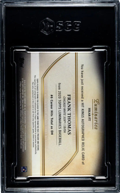 Clear plastic card holder displaying Frank Thomas Chicago White Sox MEM Auto baseball card