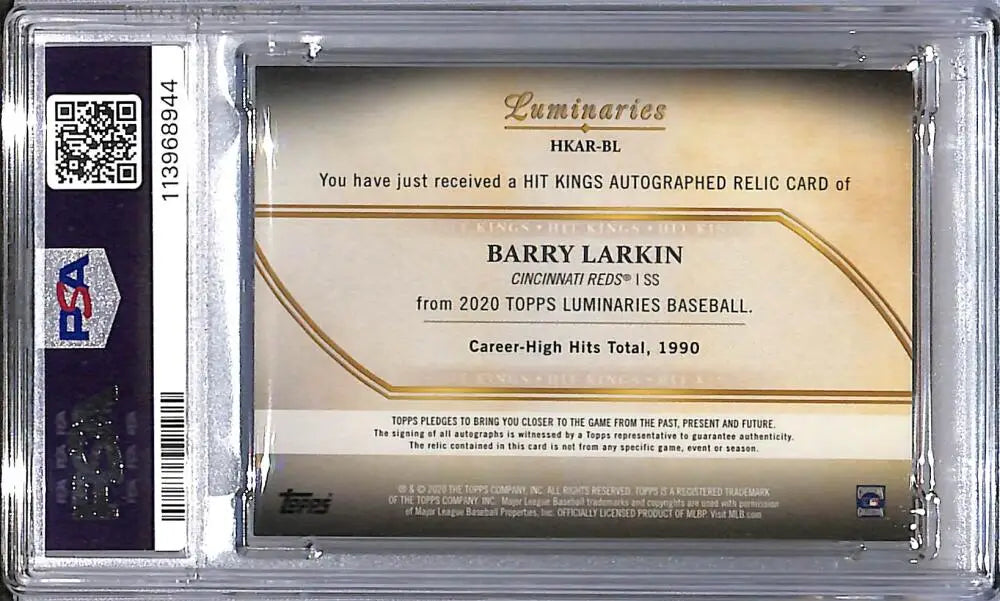 Barry Larkin autographed relic card from 2020 Topps Luminaries Home Kings featuring Cincinnati Reds