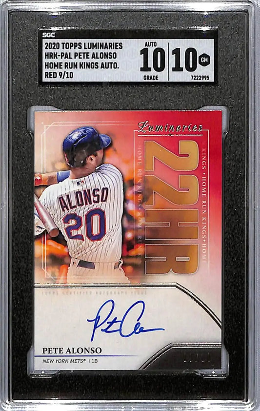 Graded Pete Alonso autographed baseball card featuring home run memorabilia from 2020 Topps Luminaries