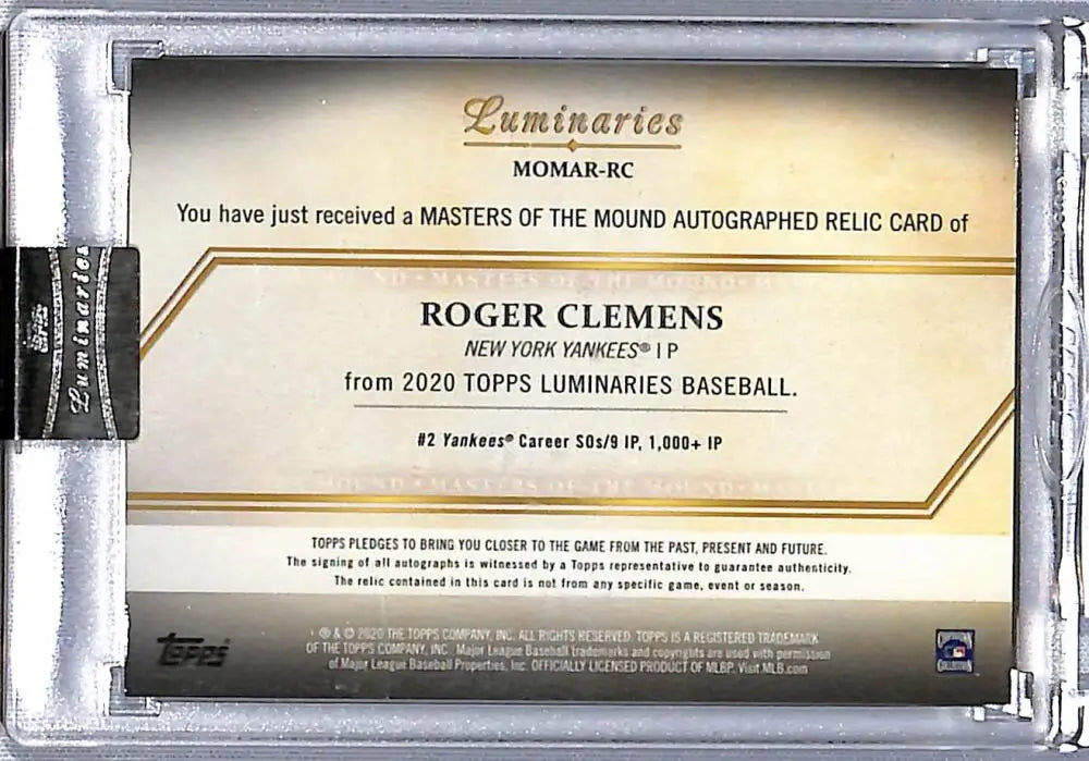 Roger Clemens baseball card from 2020 Topps Luminaries with auto memorabilia
