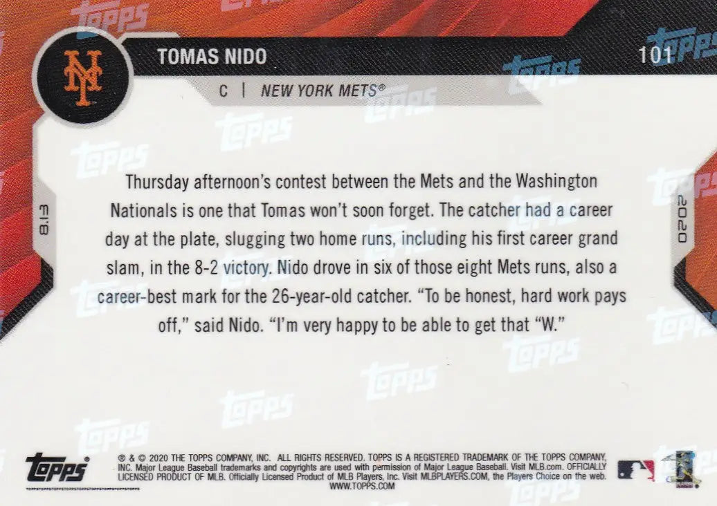 Baseball card back of 2020 Topps Now #101 Tomas Nido for New York Mets collectors