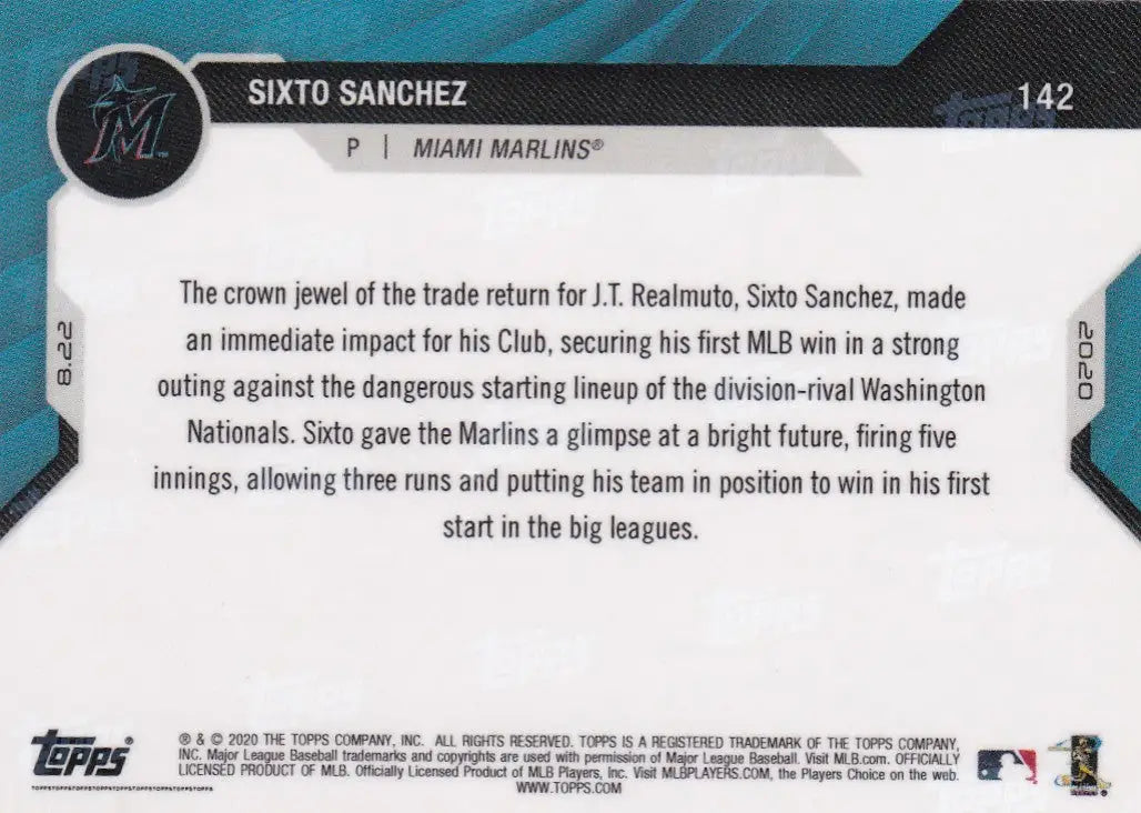 Sixto Sanchez baseball card from 2020 Topps Now featuring Miami Marlins player