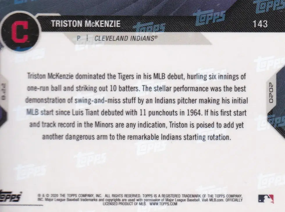 Triston McKenzie baseball card from 2020 TOPPS NOW featuring Cleveland Indians player