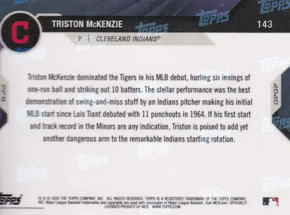 Triston McKenzie baseball card from 2020 TOPPS NOW featuring Cleveland Indians player