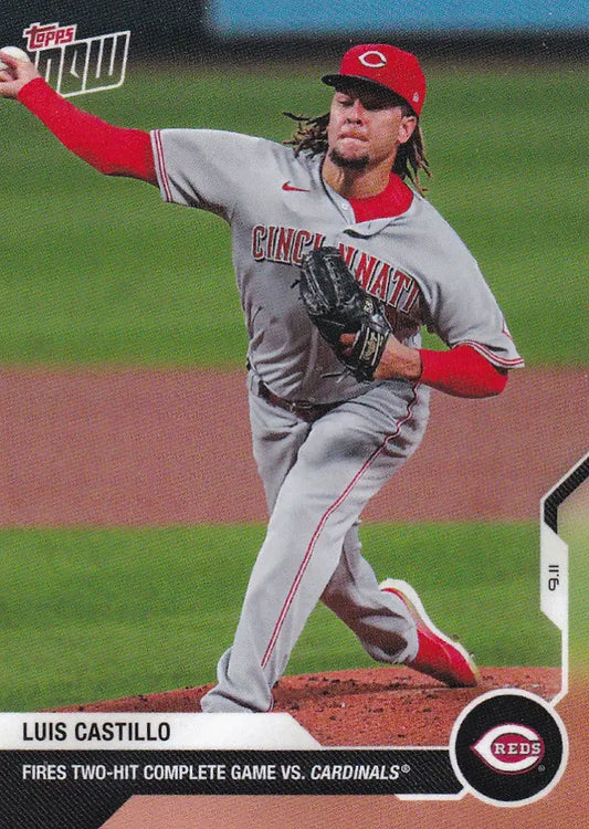 Baseball pitcher Luis Castillo in a Cincinnati Reds uniform mid-throw on the mound