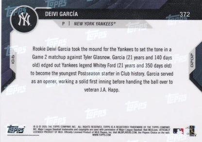 Deivi Garcia baseball card from 2020 Topps Now featuring the New York Yankees