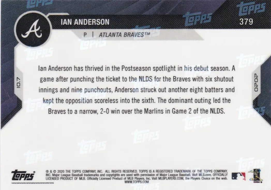 Ian Anderson baseball card from 2020 Topps Now showcasing Atlanta Braves player