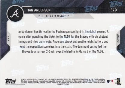 Ian Anderson baseball card from 2020 Topps Now showcasing Atlanta Braves player