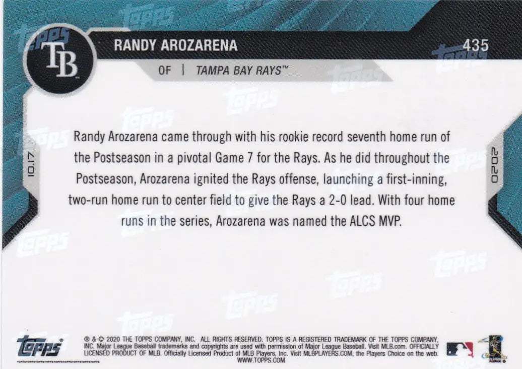 Randy Arozarena baseball card back from 2020 Topps Now for Tampa Bay Rays collectors