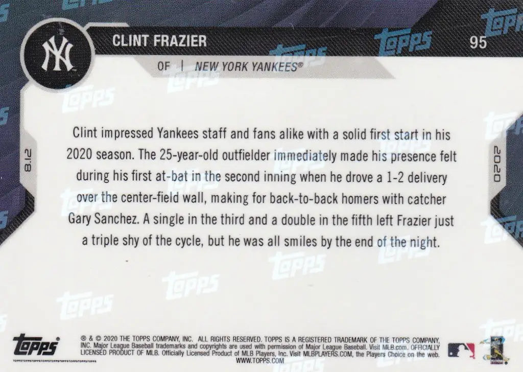 Clint Frazier baseball card from 2020 Topps Now featuring New York Yankees player