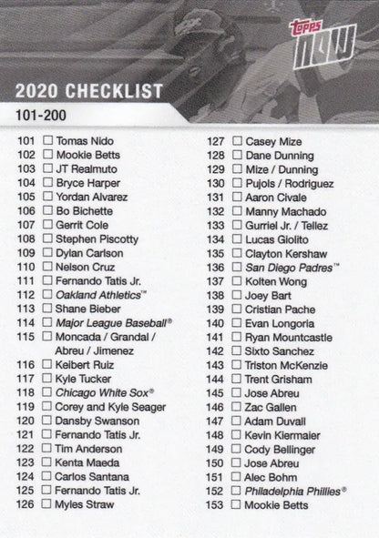 2020 Topps Now baseball checklist for trading cards in 2020 TOPPS NOW CK 101-200