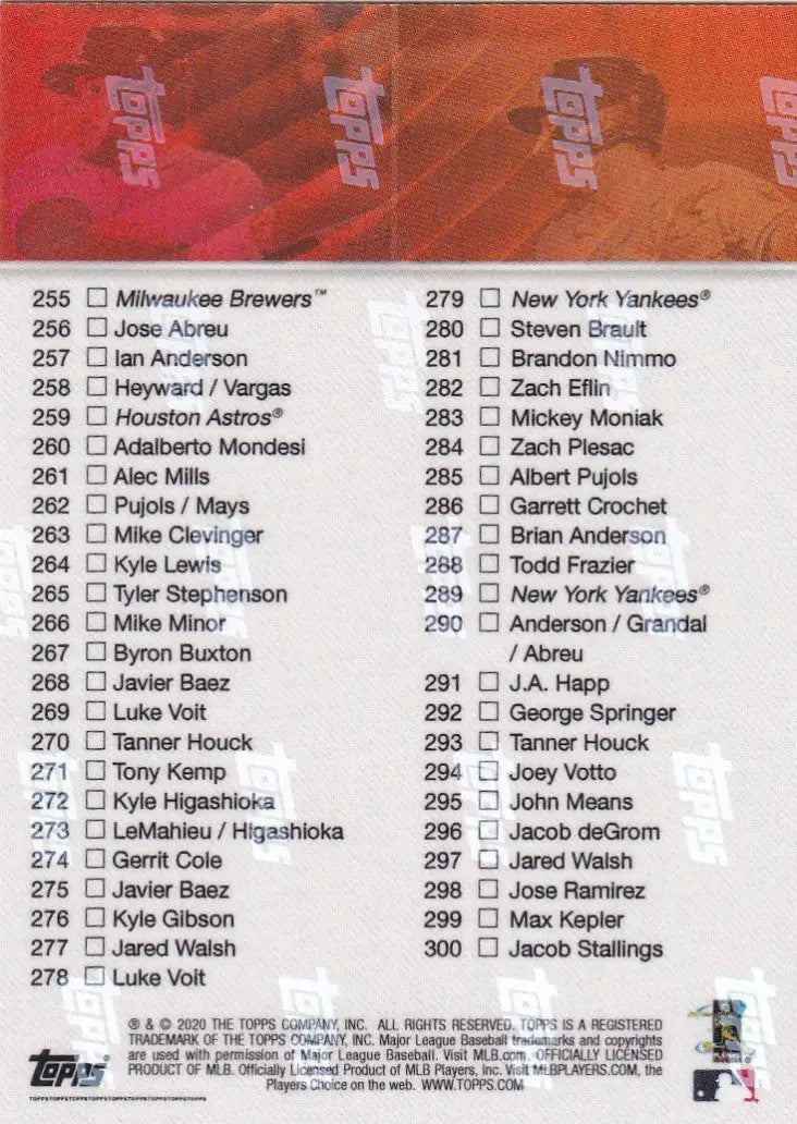 Baseball card checklist for 2020 TOPPS NOW CK 201-300 trading cards collection
