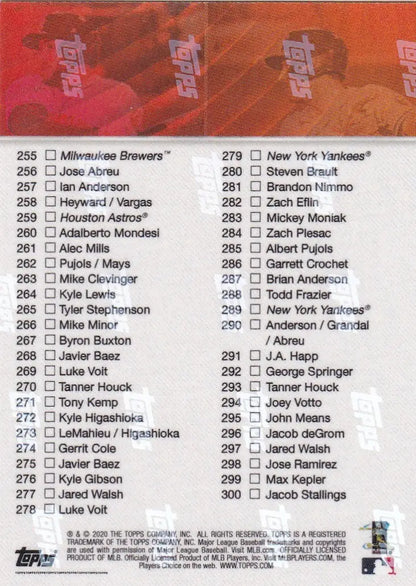 Baseball card checklist for 2020 TOPPS NOW CK 201-300 trading cards collection