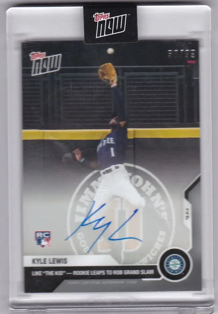 Baseball trading card of Kyle Lewis making a leaping catch to rob a grand slam