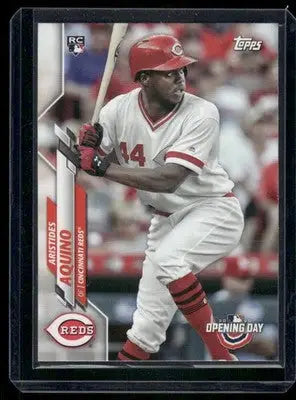 Baseball trading card featuring Aristides Aquino in Reds uniform from 2020 Topps Opening Day