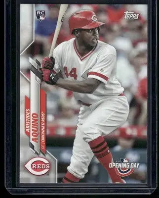 Baseball card of Aristides Aquino in white and red uniform from 2020 Topps Opening Day