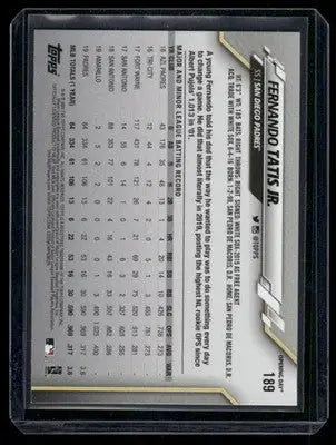 Baseball card featuring Fernando Tatis Jr. with batting stats from 2020 Topps Opening Day