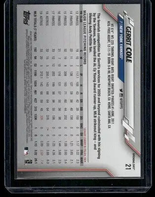Baseball trading card with player stats from 2020 Topps Opening Day Gerrit Cole #21