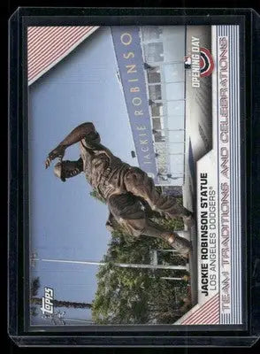 Baseball card featuring Jackie Robinson statue at Dodger Stadium from 2020 Topps Opening Day
