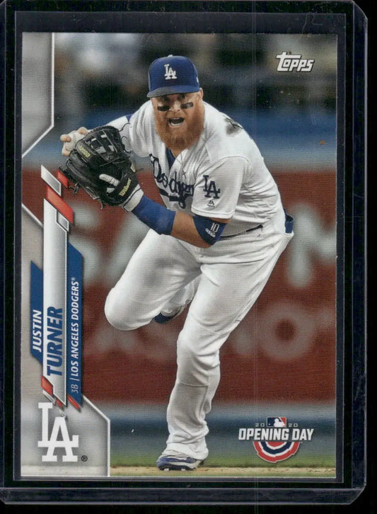 2020 Topps Opening Day Justin Turner baseball card featuring Los Angeles Dodgers player