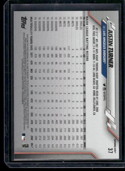 Baseball trading card featuring player statistics from 2020 Topps Opening Day Justin Turner