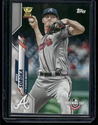 2020 Topps Opening Day Mike Soroka baseball card displayed in product packaging