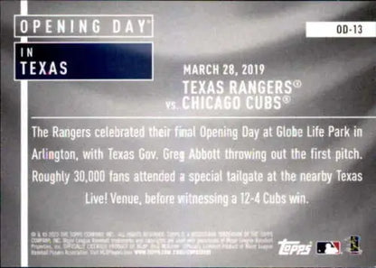 Baseball card back of 2020 Topps Opening Day Set #OD-13 Texas Rangers with original gloss