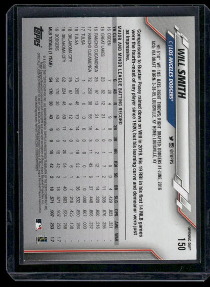 2020 Topps Opening Day Will Smith baseball card with batting stats and bio
