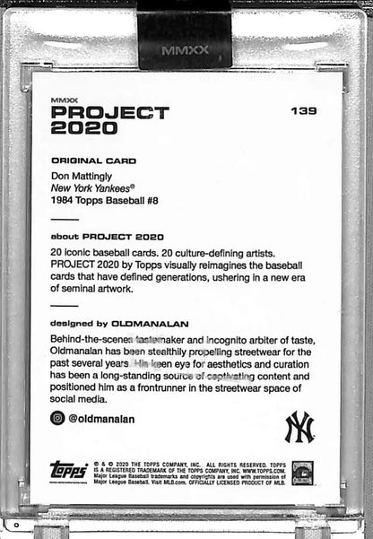 Baseball card back of 2020 Topps Project highlighting Don Mattingly and 1984 Topps design