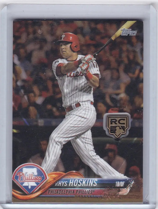 Rhys Hoskins Rookie Medallion Card featuring Philadelphia Phillies player mid-swing