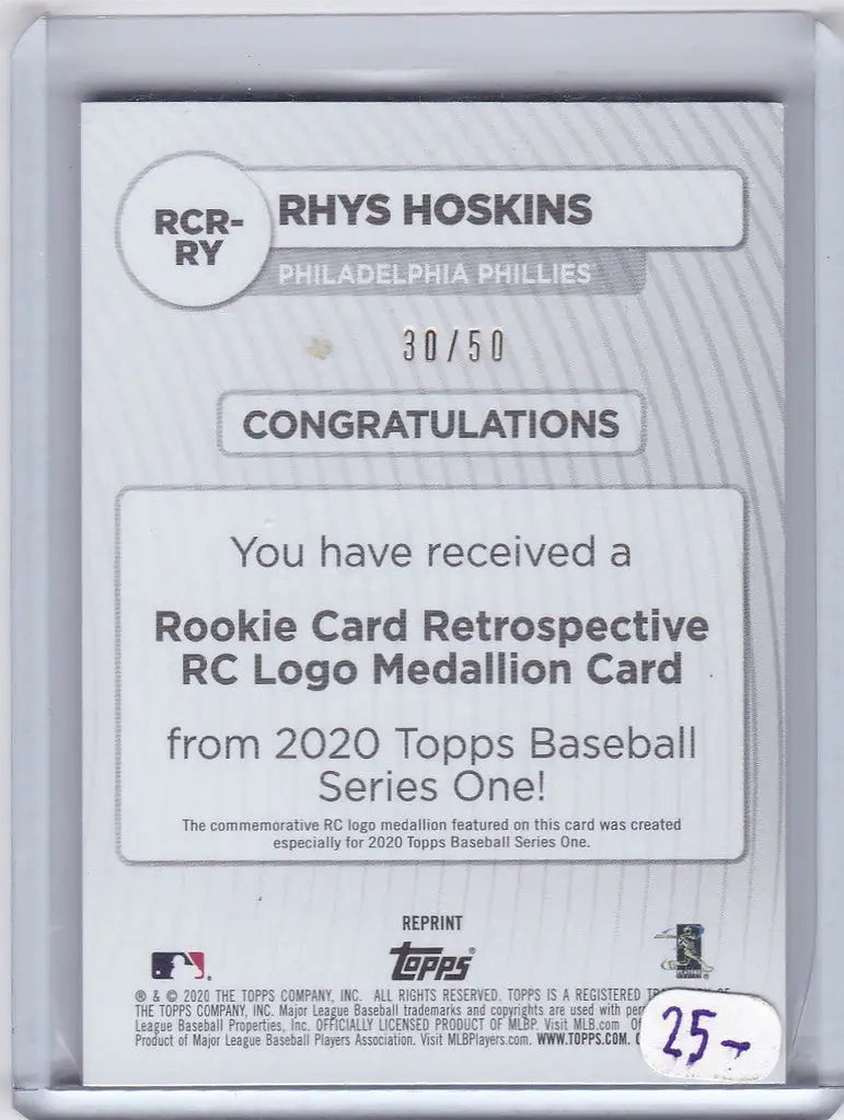 Baseball card showcasing Rhys Hoskins Rookie Medallion for Philadelphia Phillies fans