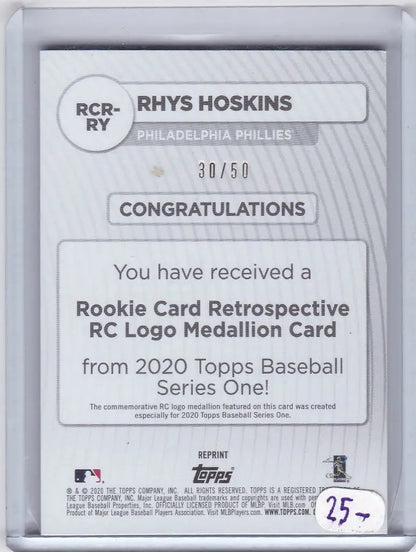 Baseball card showcasing Rhys Hoskins Rookie Medallion for Philadelphia Phillies fans