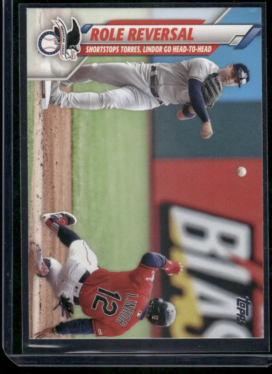 Baseball trading card featuring two players in gray and red uniforms with ROLE REVERSAL text, part of 2020 Topps Series Two series including Francisco Lindor and Gleyber Torres