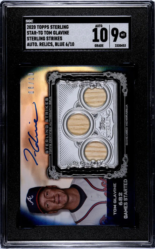 Baseball trading card of Tom Glavine with game-used bat pieces in silver frame display