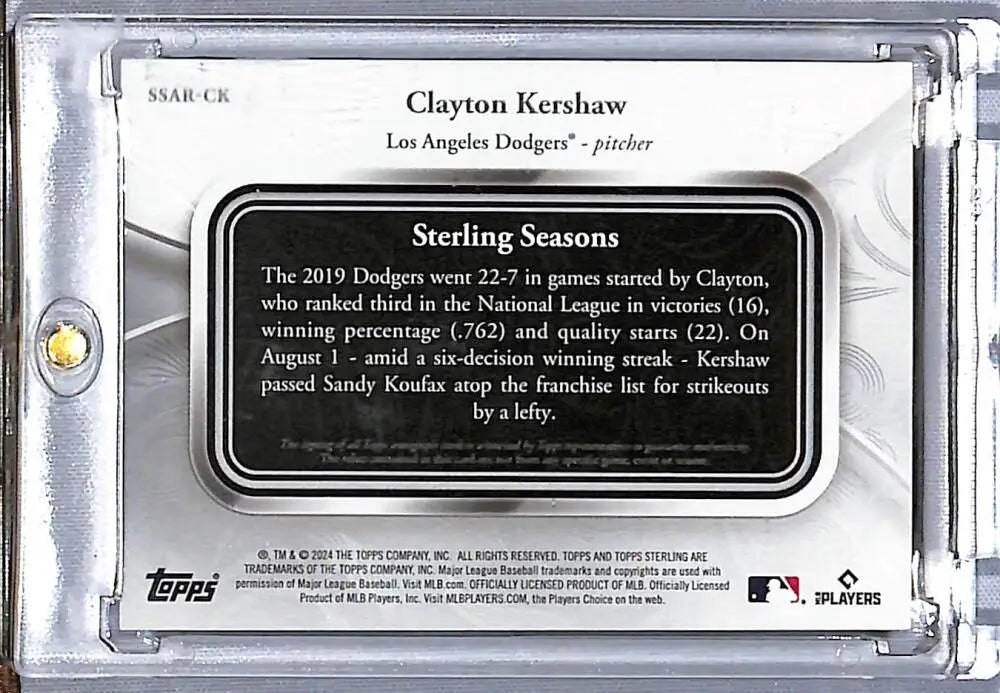 Clayton Kershaw Los Angeles Dodgers baseball card from 2020 Topps Sterling Seasons Relics