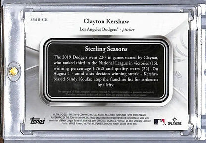 Clayton Kershaw Los Angeles Dodgers baseball card from 2020 Topps Sterling Seasons Relics
