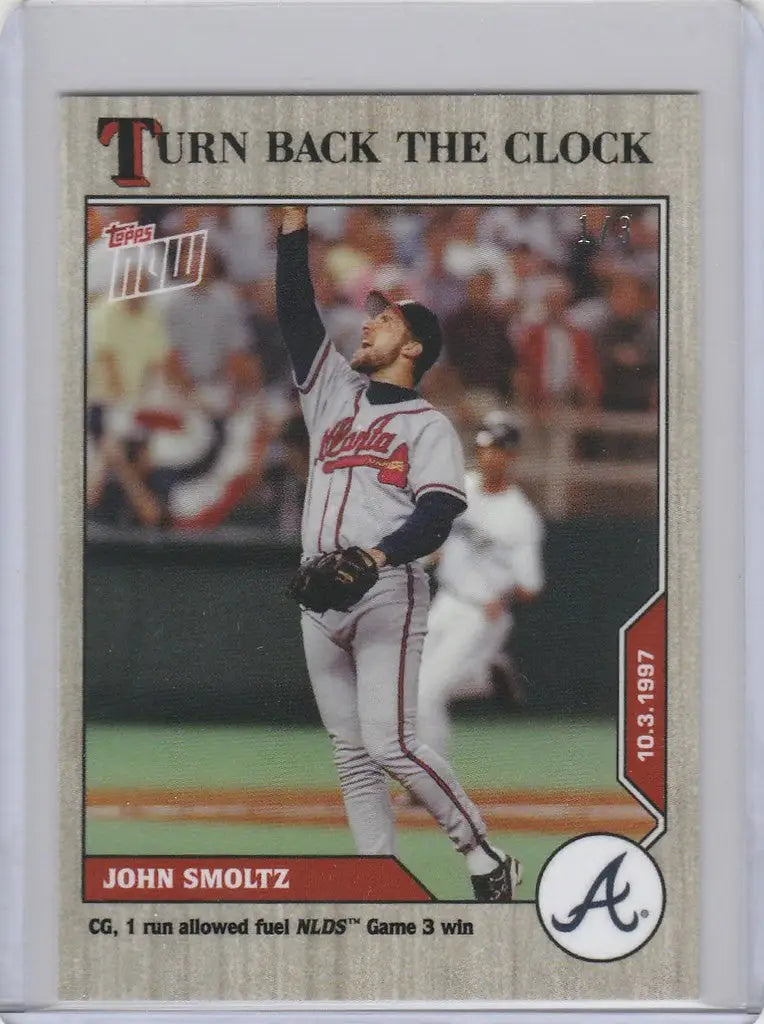 Baseball card of John Smoltz Atlanta Braves pitcher in mid-throw action