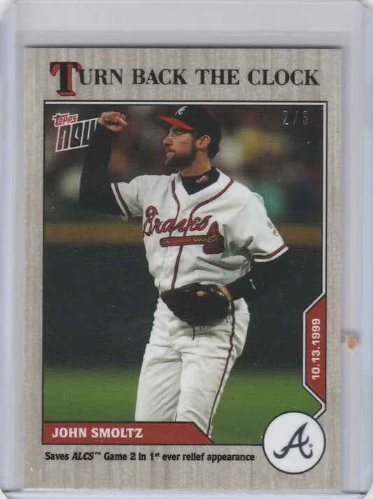 Baseball card of John Smoltz Atlanta Braves in mid-throwing motion, 2020 Topps