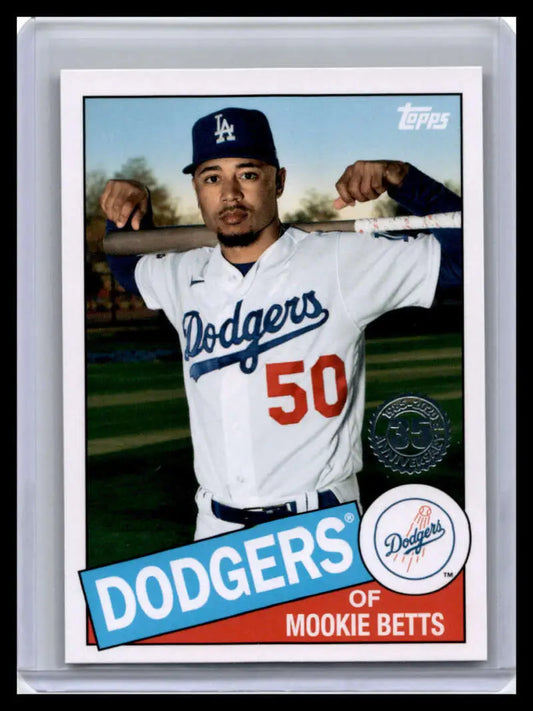 Topps baseball card of Mookie Betts in batting stance for Los Angeles Dodgers jersey 50