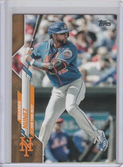 Baseball card of U28 Eduardo Nunez in mid-swing from 2020 Topps Update Gold
